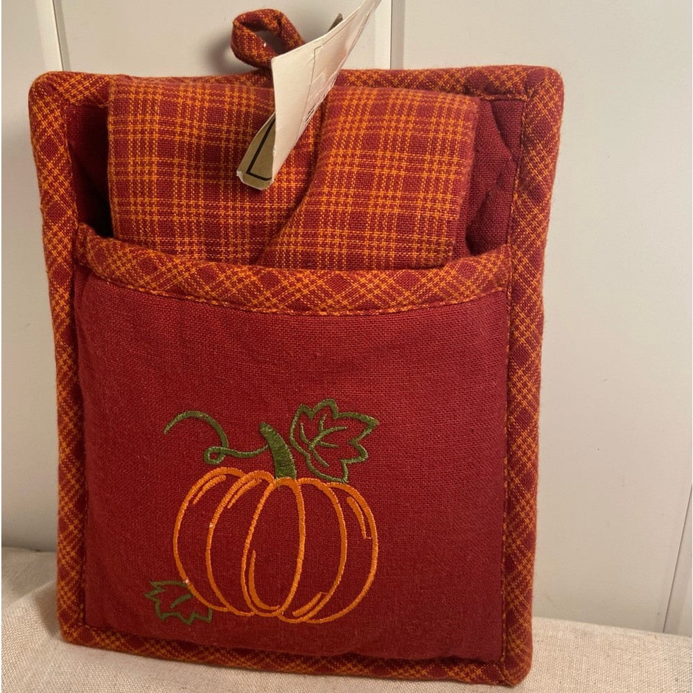 Fall Pumpkin Plaid pot holder kitchen tea towels SET OF 3 Woodbridge Designs LOT